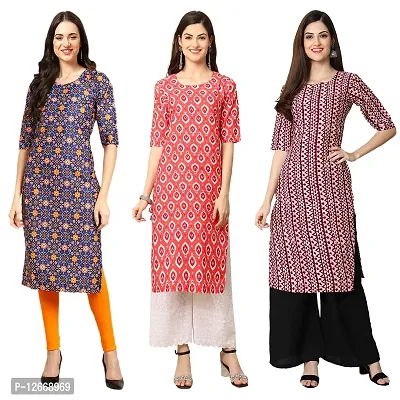 Women Crepe Digital Printed Straight Kurti  Pack of 3