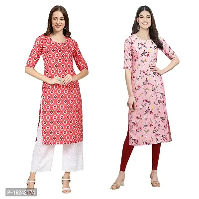 Stylish Straight Multicoloured Printed Crepe Kurta For Women Combo Pack Of 2