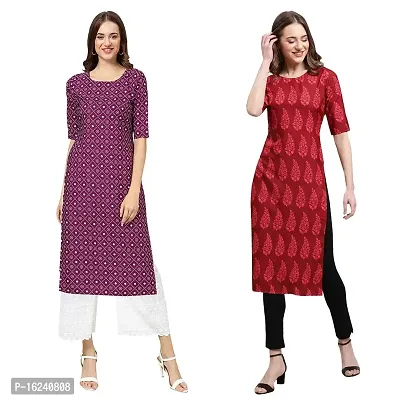 Stylish Straight Multicoloured Printed Crepe Kurta For Women Combo Pack Of 2