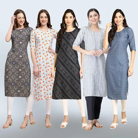 Combo Of 5 Crepe Printed Kurtis