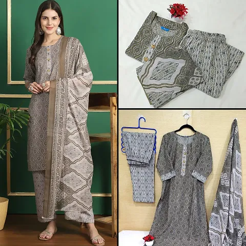 Stylish Cotton  A-Line Printed Kurta With Bottom And Dupatta Set