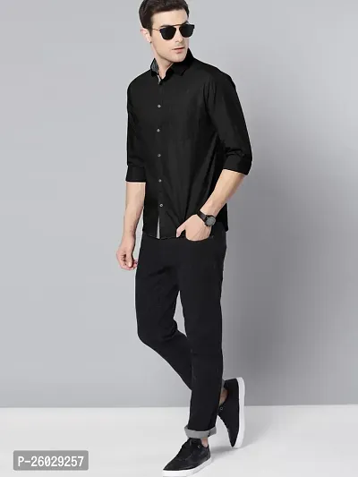 Men Stylish Black Cotton Solid Long Sleeve Semi Formal Shirt-thumb0