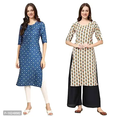 Stylish Straight Multicoloured Printed Crepe Kurta For Women Combo Pack Of 2