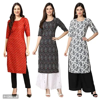 Women Crepe Digital Printed Straight Kurti  Pack of 3