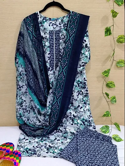 Stylish Cotton Woven Design Straight Kurtis With Bottom And Dupatta Set