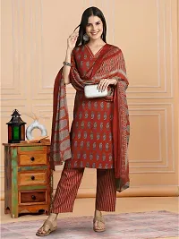 Stylish Red Cotton Blend Printed Kurta, Bottom and Dupatta Set For Women-thumb3