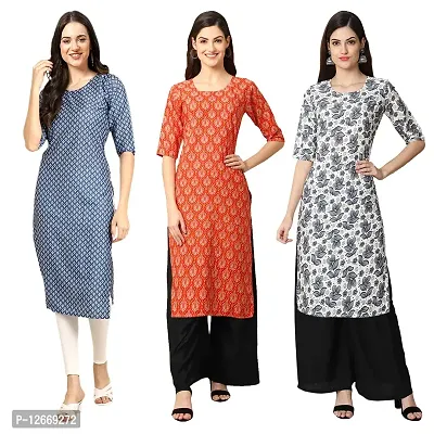 Women Crepe Digital Printed Straight Kurti  Pack of 3