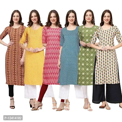 Women Crepe Digital Printed Straight Kurti Pack of 6