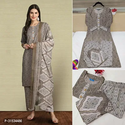 Fancy Cotton Blend Kurta Bottom And Dupatta Set For Women-thumb0