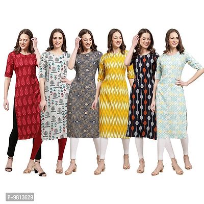 Women Crepe Digital Printed Straight Kurti  Pack of 6