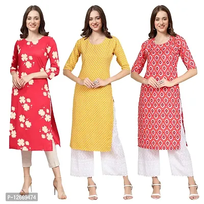 Women Crepe Digital Printed Straight Kurti  Pack of 3