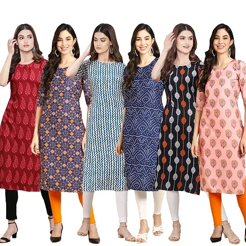 Women Crepe Digital Printed Straight Kurti  Pack of 6