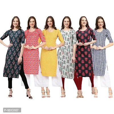 Women Crepe Digital Printed Straight Kurti  Pack of 6