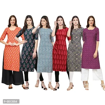 Women Crepe Digital Printed Straight Kurti  Pack of 6