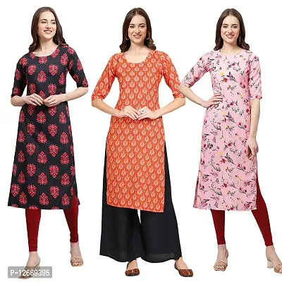 Women Crepe Digital Printed Straight Kurti  Pack of 3