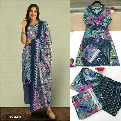 Fancy Cotton Blend Kurta Bottom And Dupatta Set For Women