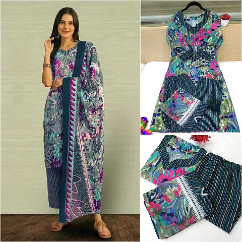 Stylish Cotton Printed Kurta Bottom Dupatta Set