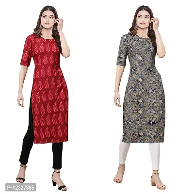 Straight Multicoloured Printed Crepe Kurta Pack Of 2