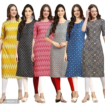 Women Crepe Digital Printed Straight Kurti  Pack of 6