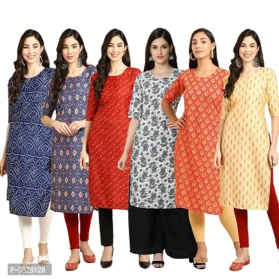 Women Crepe Digital Printed Straight Kurti  Pack of 6