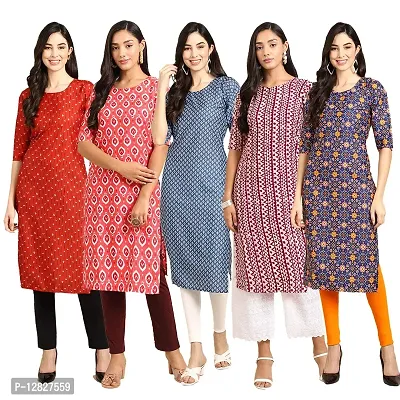 Attractive Straight Multicoloured Printed Crepe Kurta Combo For Women Pack Of 5