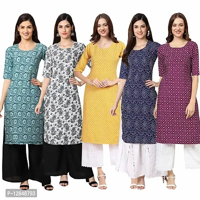 Straight Multicoloured Printed Crepe Kurta Pack Of 5-thumb0