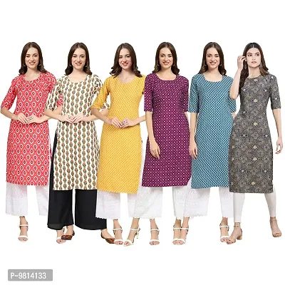 Women Crepe Digital Printed Straight Kurti  Pack of 6