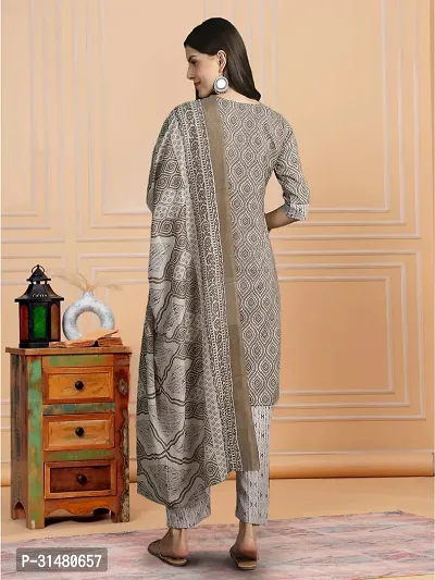 Stylish Grey Melange Cotton Blend Printed Kurta, Bottom and Dupatta Set For Women-thumb2