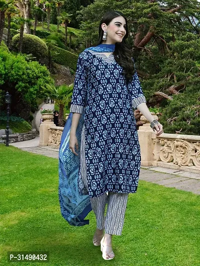 Fancy Cotton Blend Kurta Bottom And Dupatta Set For Women