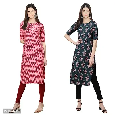 Stylish Straight Multicoloured Printed Crepe Kurta For Women Combo Pack Of 2