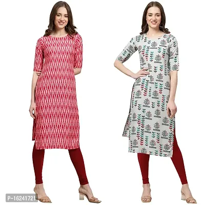 Stylish Straight Multicoloured Printed Crepe Kurta For Women Combo Pack Of 2-thumb0