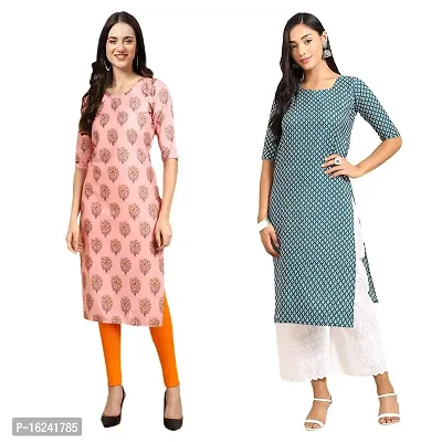 Stylish Straight Multicoloured Printed Crepe Kurta For Women Combo Pack Of 2