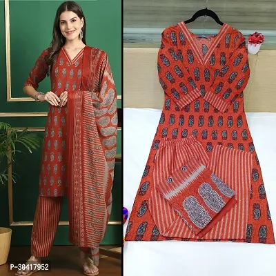 Beautiful Cotton Printed Kurta Pant And Dupatta Set For Women-thumb0