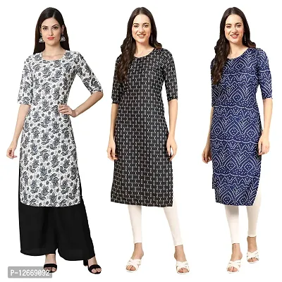 Women Crepe Digital Printed Straight Kurti  Pack of 3