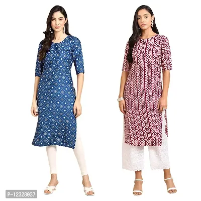 Straight Multicoloured Printed Crepe Kurta Pack Of 2