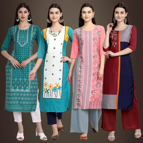 Elegant Crepe Printed Straight 3/4 Sleeves Kurta - Pack Of 4