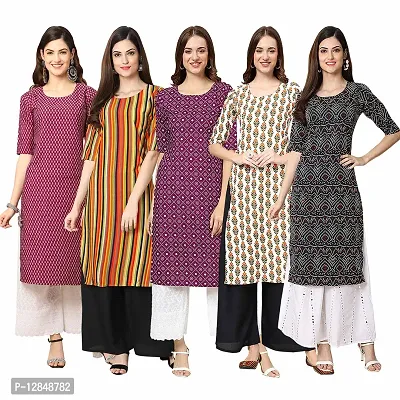 Straight Multicoloured Printed Crepe Kurta Pack Of 5