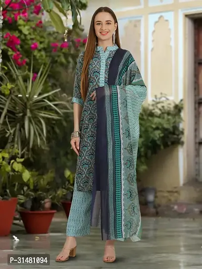 Stylish Cotton Blend Printed Kurta With Pant And Dupatta Set For Women-thumb2