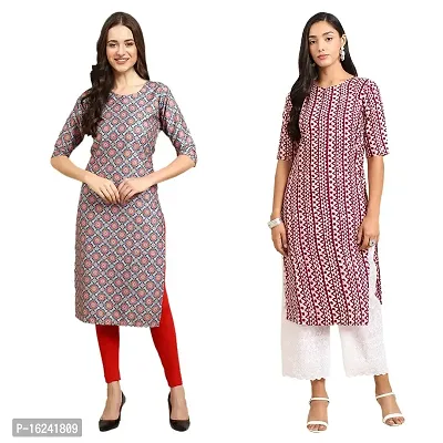 Stylish Straight Multicoloured Printed Crepe Kurta For Women Combo Pack Of 2