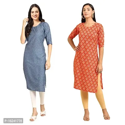 Stylish Straight Multicoloured Printed Crepe Kurta For Women Combo Pack Of 2-thumb0