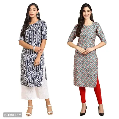 Stylish Straight Multicoloured Printed Crepe Kurta For Women Combo Pack Of 2-thumb0