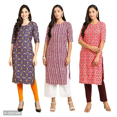 Elite Crepe Printed Straight Stitched Kurta For Women- Pack Of 3