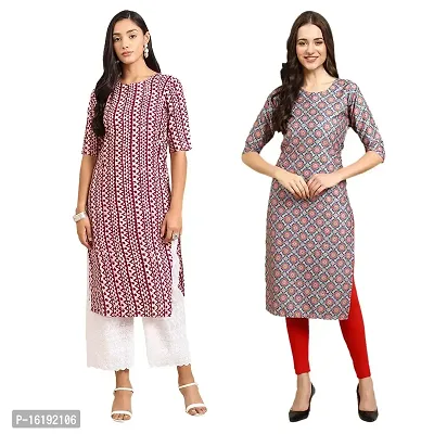 Stylish Straight Multicoloured Printed Crepe Kurta For Women Combo Pack Of 2