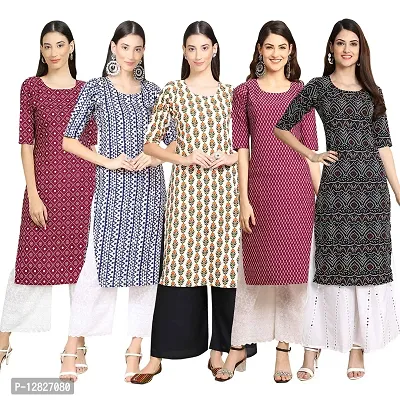 Women Crepe Digital Printed Straight Kurti { Pack of 5 }-thumb0