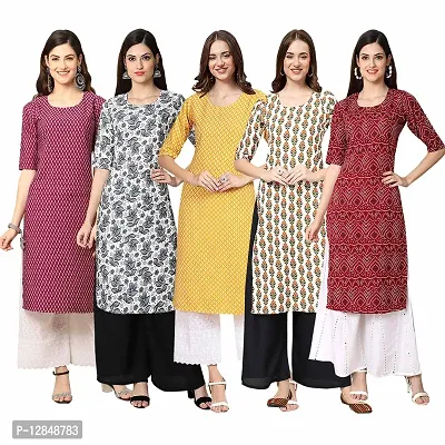 Straight Multicoloured Printed Crepe Kurta Pack Of 5-thumb0