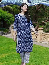 Stylish Navy Blue Cotton Blend Printed Kurta, Bottom and Dupatta Set For Women-thumb2