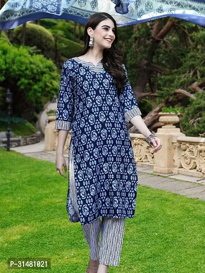 Stylish Navy Blue Cotton Blend Printed Kurta, Bottom and Dupatta Set For Women-thumb3