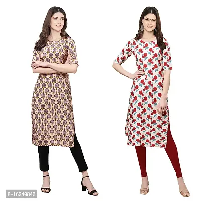 Stylish Straight Multicoloured Printed Crepe Kurta For Women Combo Pack Of 2