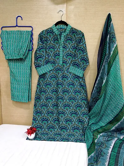 Stylish Cotton  A-Line Printed Kurta With Bottom And Dupatta Set