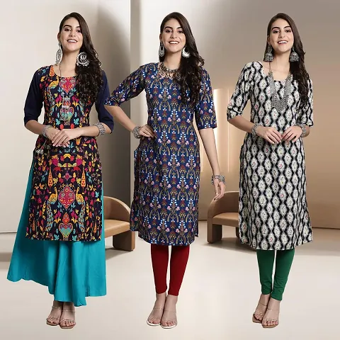 Fancy Crepe Multicoloured Crepe Kurtis - Pack Of 3